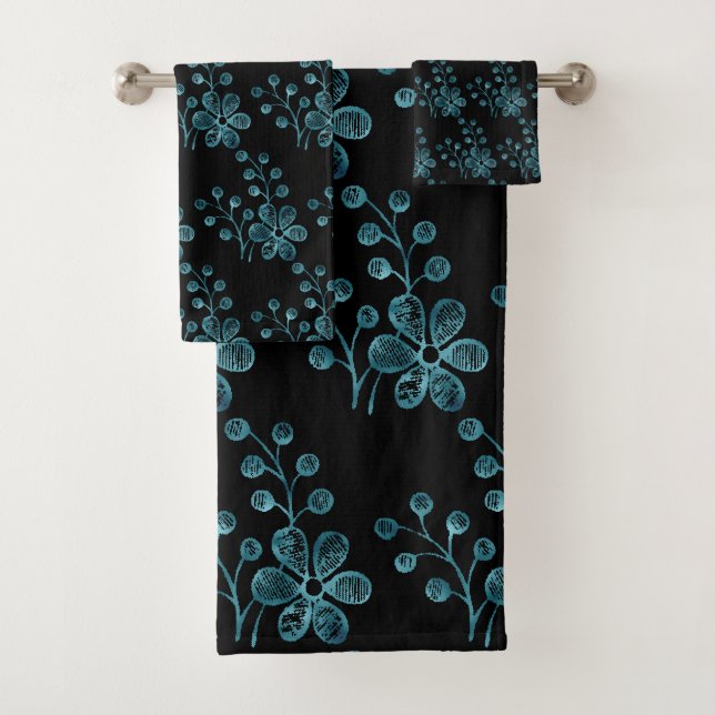 PRETTY BLUE AND BLACK FLORAL BATHROOM TOWEL SET (Insitu)