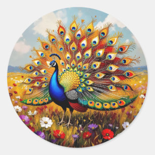 Pretty Blue and Gold Peacock   Classic Round Sticker