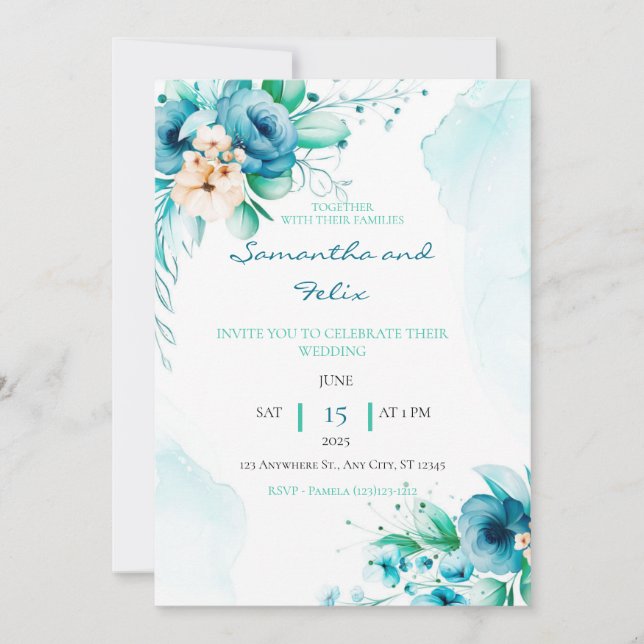 Pretty Blue and Green Floral Wedding Invitation (Front)