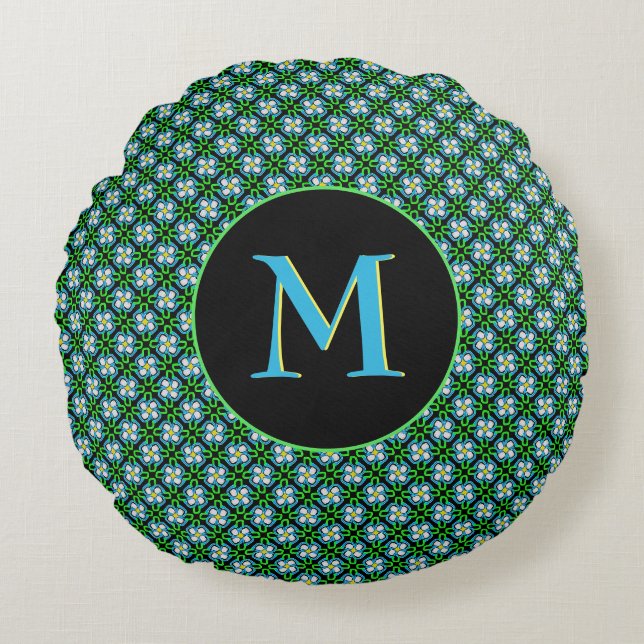 Pretty Blue and Green Flowers Pattern Monogram Round Pillow (Front)