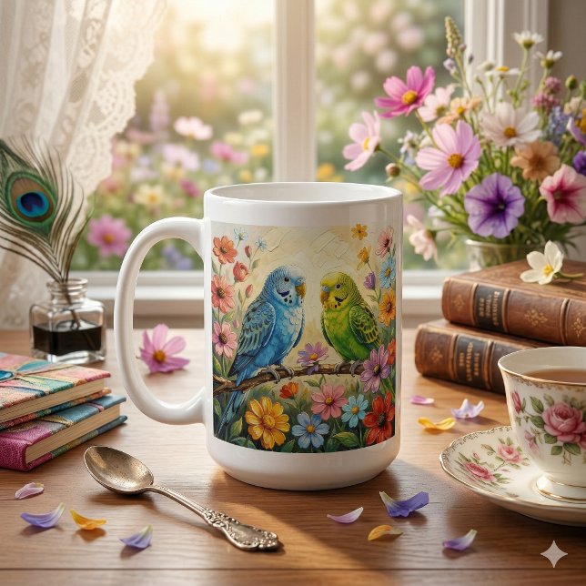 Pretty  Blue and Green Parakeets Personalized Coffee Mug (Creator Uploaded)