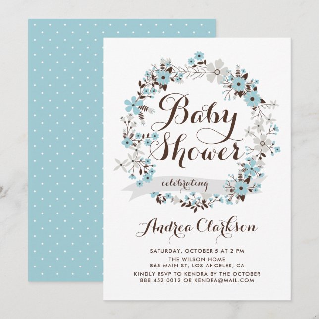 Pretty Blue and Grey Floral Wreath Baby Shower Invitation (Front/Back)