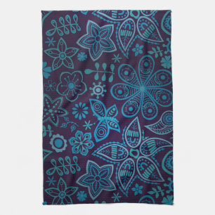 Pretty Blue And Navy Floral Pattern With Butterfly Kitchen Towel