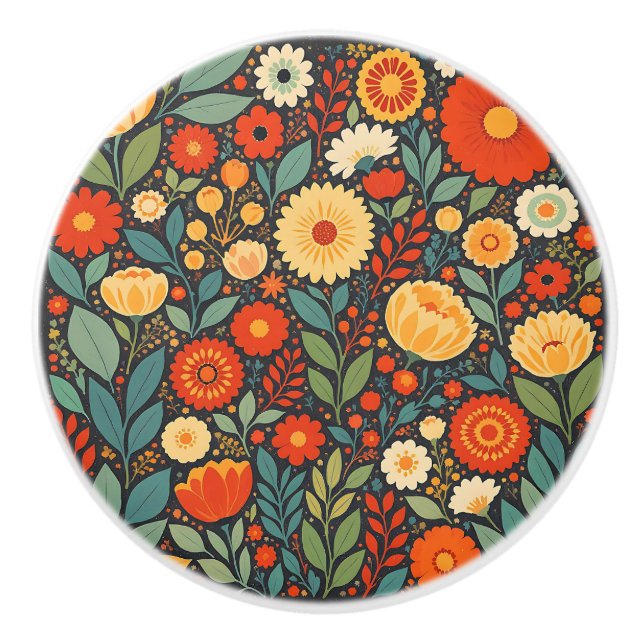 Pretty Blue and Orange Floral Folk Art Ceramic Knob (Front)