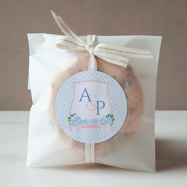 Pretty Blue And Pink Monogram Wedding Favour Classic Round Sticker (Pretty Pink And Blue Hydrangeas Monogram Wedding Crest Thank You Favor Sticker)
