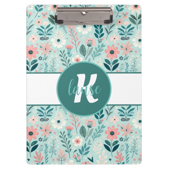 Pretty Blue and Pink Pastel Folk Art Flowers Clipboard (Front)