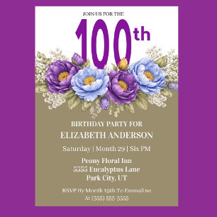 Pretty Blue and Purple Peony 100th Birthday Invitation
