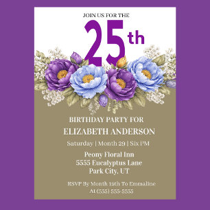 Pretty Blue and Purple Peony 25th Birthday Invitation