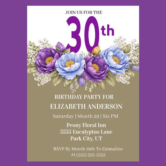 Pretty Blue and Purple Peony 30th Birthday Invitation (Elegant 30th birthday invitation with purple and blue watercolor peonies)