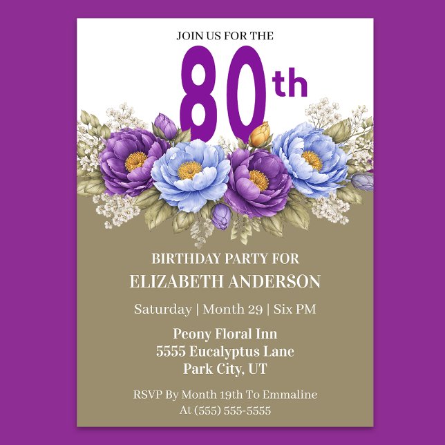 Pretty Blue and Purple Peony 80th Birthday Invitation (Elegant 80th birthday invitation with purple and blue peony flowers)
