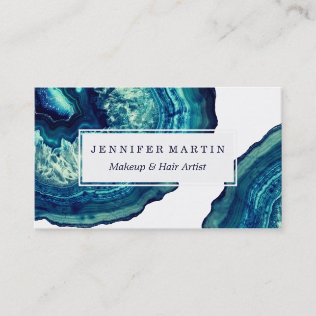 Pretty Blue and Teal Agate Geode Stone on Blue Business Card (Front)