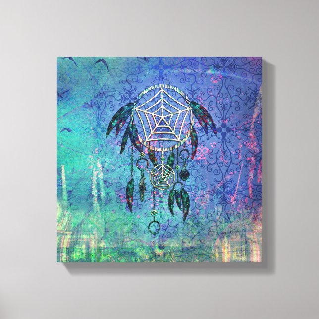 Pretty Blue and Teal Pastel Feather Dreamcatcher Canvas Print (Front)