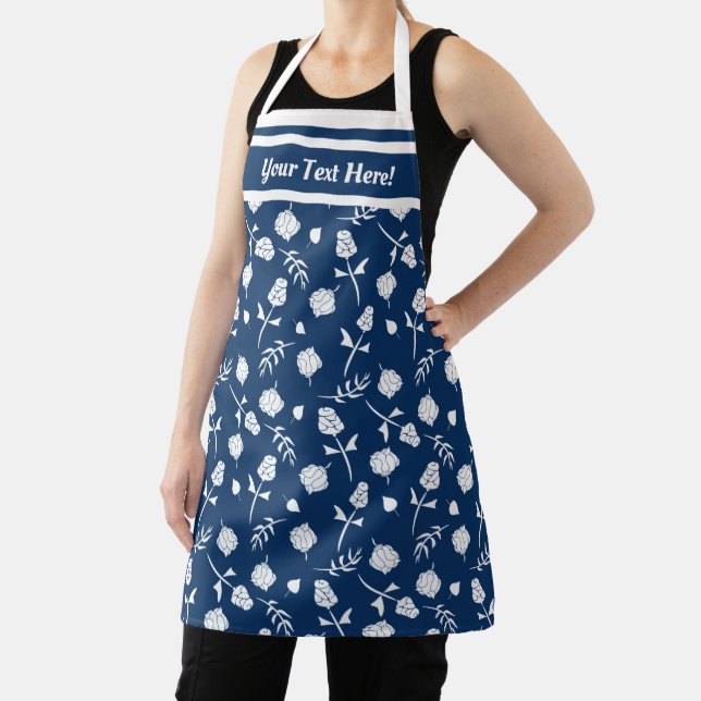 Pretty Blue and White Roses Rosebud Floral Print Apron (Insitu)