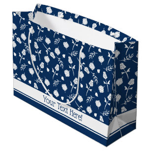 Pretty Blue and White Roses Rosebud Floral Print Large Gift Bag