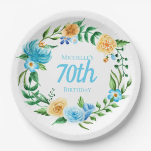 Pretty Blue and Yellow Floral 70th Birthday Paper Plate