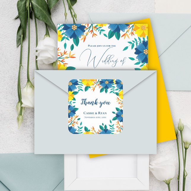 Pretty Blue and Yellow Floral Wedding Thank you Square Sticker (Pretty Blue and Yellow Floral Wedding Thank you Square Sticker)