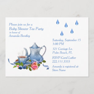 Pretty Blue Baby Shower Tea Party Invitation