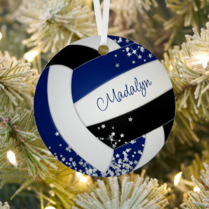 pretty blue black volleyball silver stars accent metal ornament