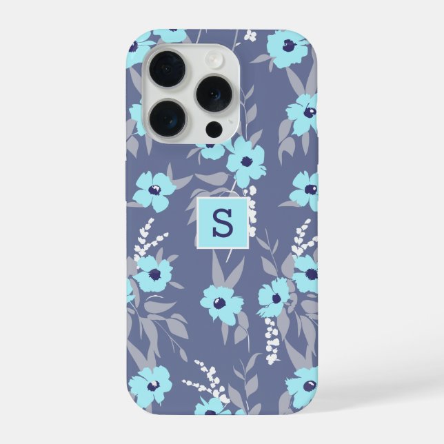 Pretty Blue Blooms Pattern Monogram / Initial iPhone Case (Back)