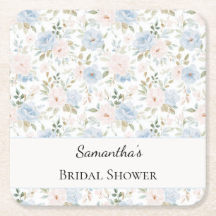 Pretty Blue Blush Flowers Bridal Shower Square Paper Coaster