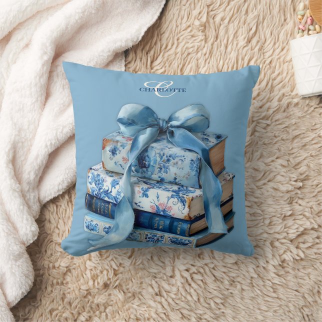 Pretty Blue Bow Bookish Throw Pillow (Blanket)