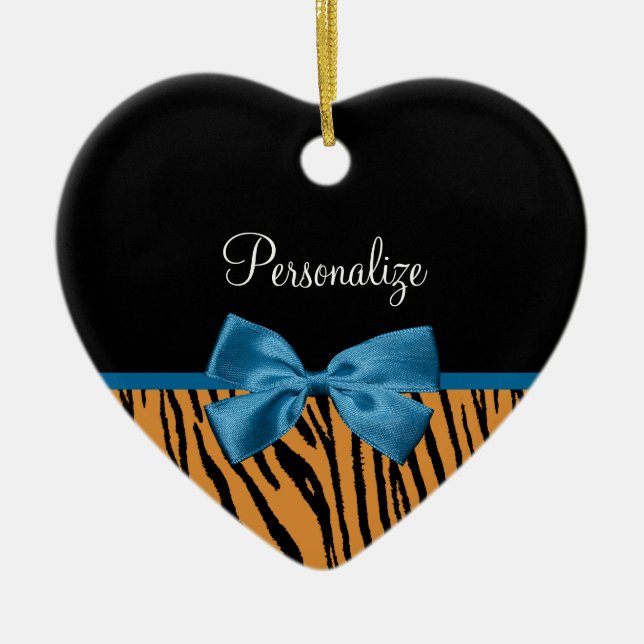 Pretty Blue Bow Stylish Tiger Stripes and Name Ceramic Ornament (Front)