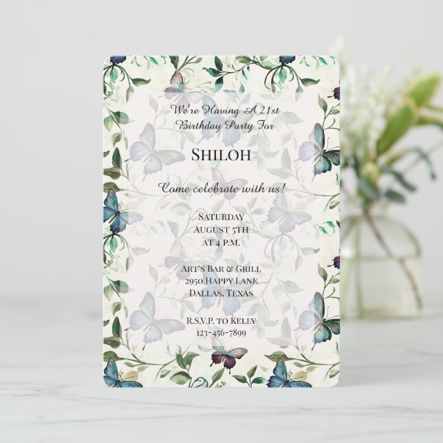 Pretty Blue Butterflies Birthday Invitation (Standing Front)