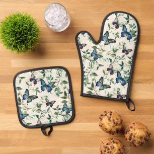 Pretty Blue Butterflies Bridal Shower Oven Mitt & Pot Holder Set