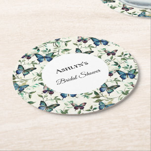 Pretty Blue Butterflies Bridal Shower Round Paper Coaster