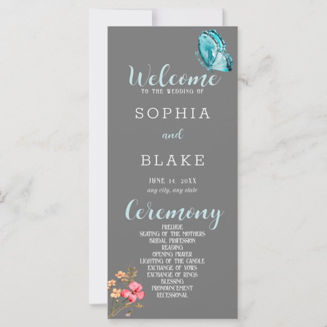 Pretty Blue Butterfly Grey Wedding Program (Front)