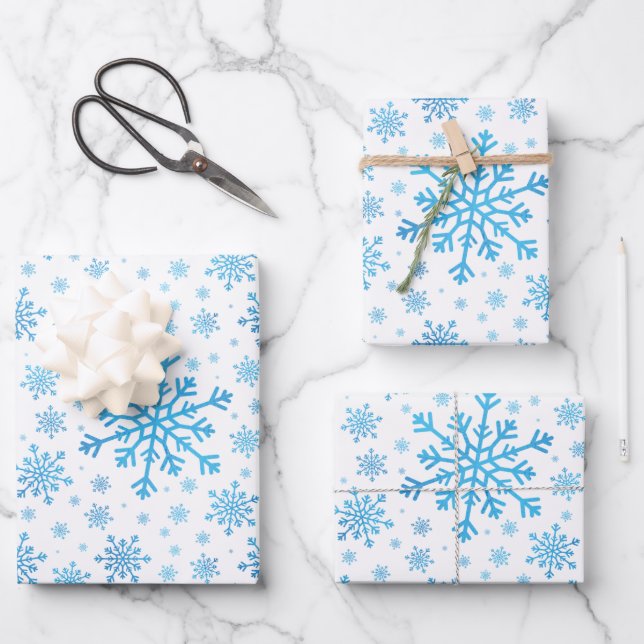 Pretty Blue Christmas Snowflakes on Winter White Wrapping Paper Sheet (Front)