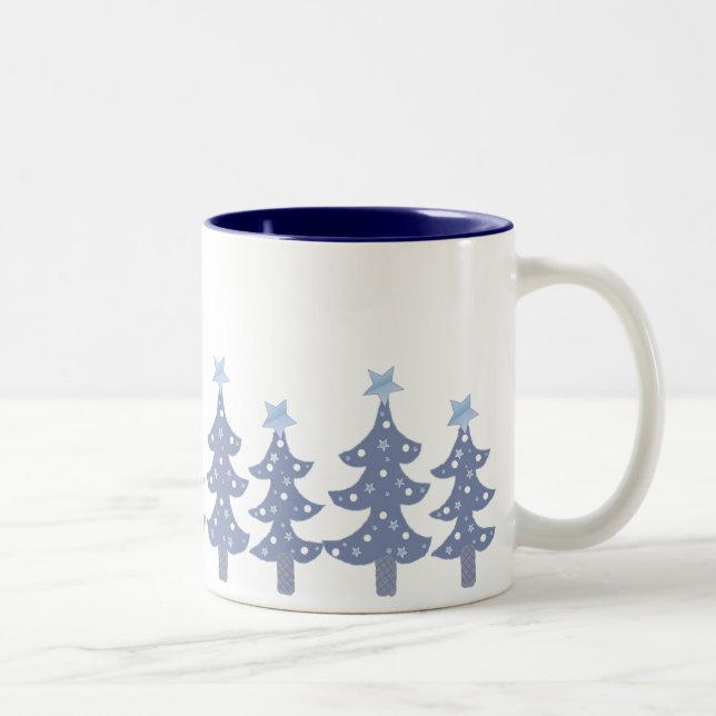 Pretty Blue Christmas Trees Two-Tone Coffee Mug (Right)