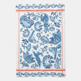 Pretty Blue, Coral Rabbit Bird Folk Country Floral Kitchen Towel