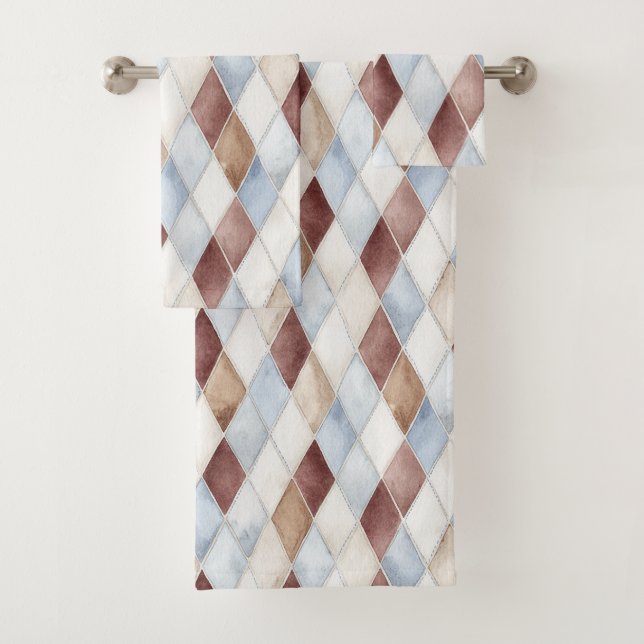 Pretty Blue Cream Tan Brown Diamonds   Bath Towel Set (Insitu)
