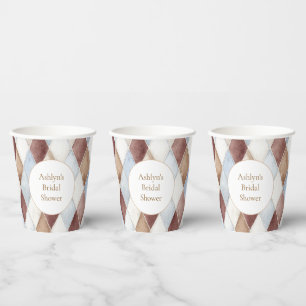 Pretty Blue Cream Tan Brown Diamonds Bridal Shower Paper Cups