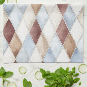 Pretty Blue Cream Tan Brown Diamonds Kitchen Towel