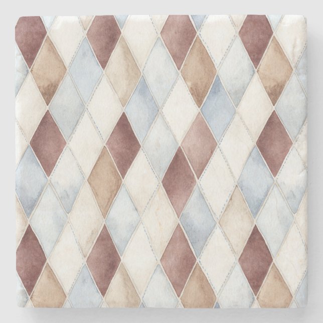 Pretty Blue Cream Tan Brown Diamonds   Stone Coaster (Front)