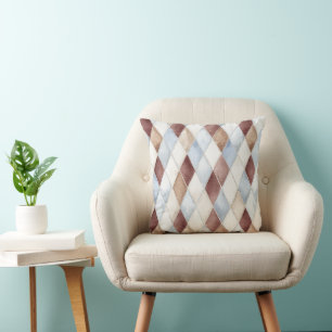 Pretty Blue Cream Tan Brown Diamonds Throw Pillow