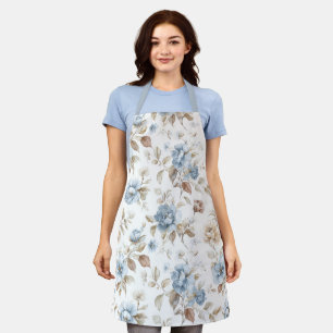 Pretty Blue Cream Tan Brown Flowers Apron
