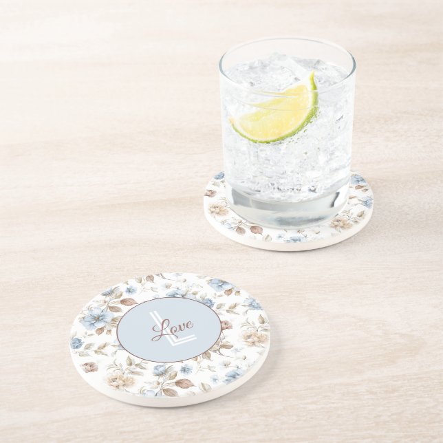 Pretty Blue Cream Tan Brown Flowers Coaster (Side)