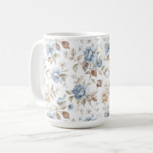 Pretty Blue Cream Tan Brown Flowers Coffee Mug
