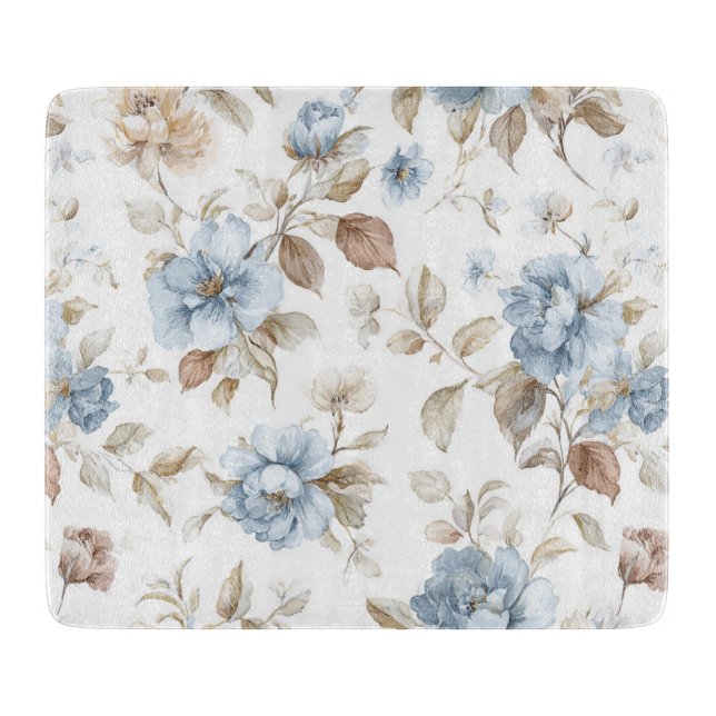 Pretty Blue Cream Tan Brown Flowers Cutting Board (Front)