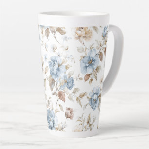 Pretty Blue Cream Tan Brown Flowers Latte Mug