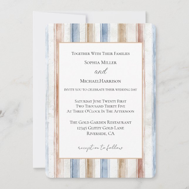 Pretty Blue Cream Tan Stripes Wedding Invitation (Front)