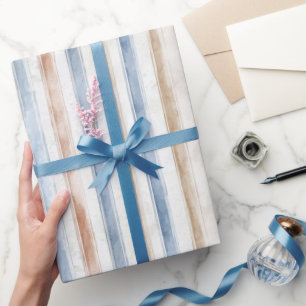 Pretty Blue Cream Tan Stripes Wedding Wrapping Paper