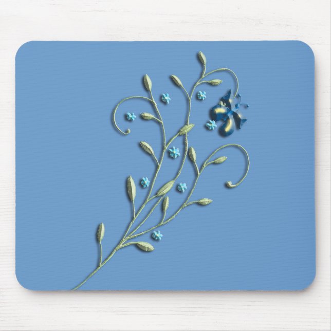 Pretty Blue Daisy & Butterfly Doodle Mouse Pad (Front)