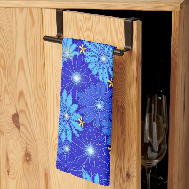 Pretty Blue Daisy Pattern  Kitchen Towel (Thirds Fold)