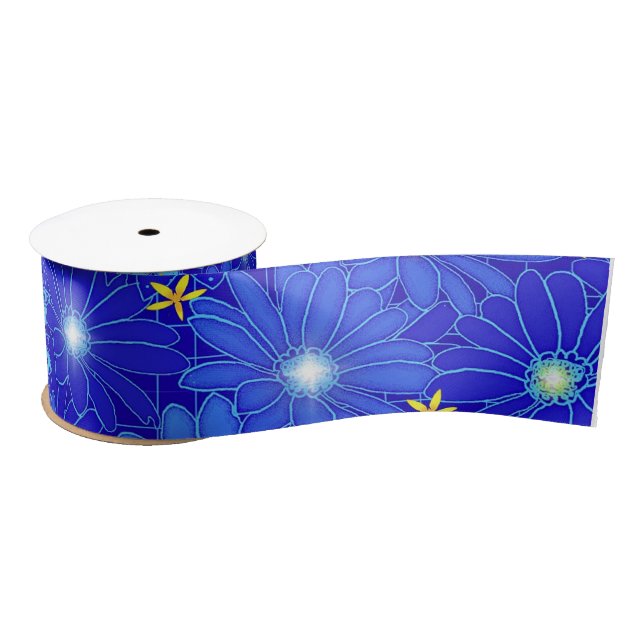 Pretty Blue Daisy Pattern Satin Ribbon (Spool)