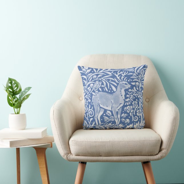 Pretty Blue Deer Bird Forest Floral Nature Animal Throw Pillow (Chair)