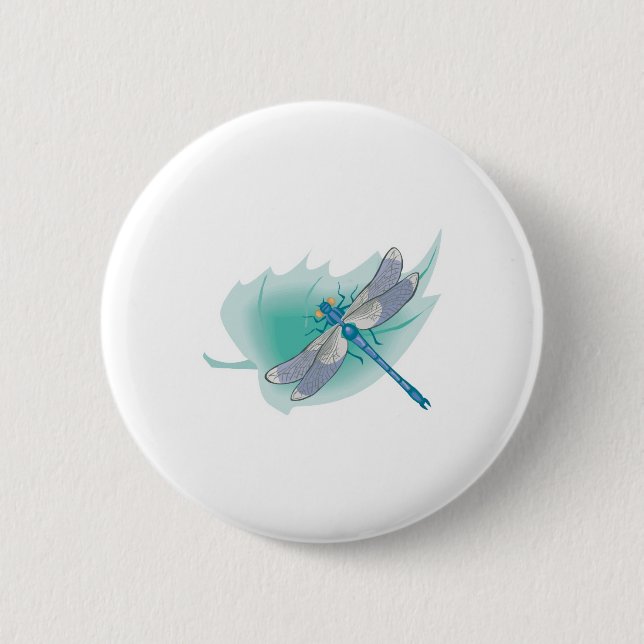 pretty blue dragonfly on leaf 2 inch round button (Front)